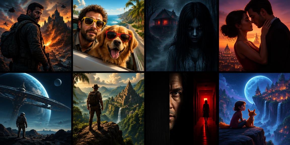 Miniaturas de capas de filmes fictícios de vários gêneros